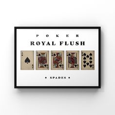 four playing cards with the words poker, royal flush and clubs in black frame on white wall