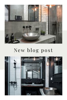 Modern industrial bathroom with concrete sink, hanging light bulbs, and black fixtures.