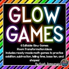 the text glow games is shown in rainbow colors