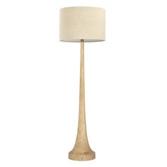 a wooden lamp with a white shade on it