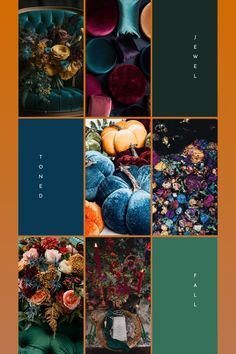 an image of many different pictures with flowers and plants in them, including pumpkins