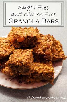 granola bars stacked on top of each other with text overlay that reads sugar free and gluten free granola bars