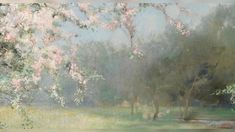 an oil painting of trees and flowers in a field with water on the ground behind them