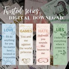 four different bookmarks with the words, twisted series digital download and games you do not want to miss