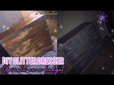 an old dresser is covered in dirt and sparkles with purple lights on the floor