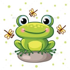 a green frog sitting on top of a rock with two bees flying around it royalty - art