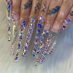 Extravagant Nails Designs, Bling Acrylic Nails Rhinestones, Full Bling Nails, Secret Nails, Luminous Nails, Aurora Nails, Nail String Art, Long Acrylic Nail Designs