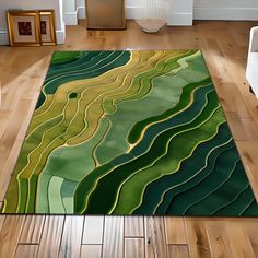 an area rug with green and yellow wavy lines on the floor in a living room