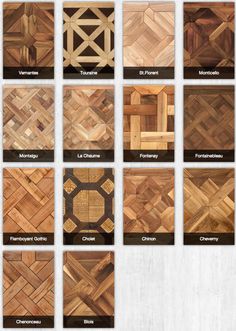 wood flooring samples with different patterns and colors