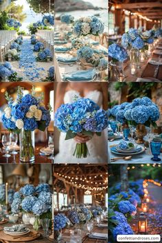 blue and white flowers are arranged in vases on the tables at this wedding reception