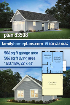 two story house plan with garage and living area in the front, one bedroom on the second