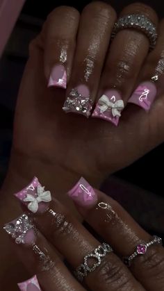 Pink Junk Nails Short, Shorties Nails With Charms, Short Nail Designs Gems, Junk Nails Bling Short, Medium Size Nails, Nail Ideas Medium Length, I Love Me Nails, Off The Shoulder Dresses