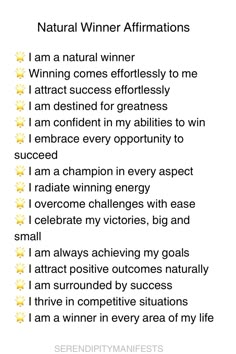 a poem written in yellow with the words'natural winner affirmationss '