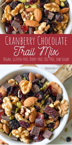 cranberry chocolate trail mix in a white bowl