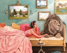 a painting of a woman laying on a bed with a lion in front of her