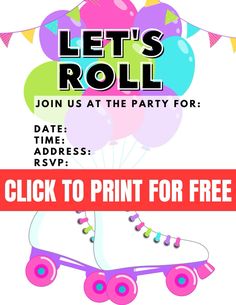 a roller skate party flyer with balloons