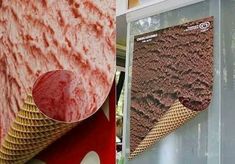 an ice cream cone is on display in front of a wall with red and white designs