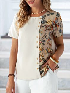 Camisa casual de manga corta para mujer con cuello redondo, botones y estampado de remiendos para la primavera/verano Caqui Casual  manga corta Tela tricotada Color combinado,Floral,Plantas Top No-Elástico  Women Clothing, size features are:Bust: ,Length: ,Sleeve Length: Sewing Shirts For Women, Clothes For Short Women, Collar Shirts For Women, Printed Tops For Women, Printed Shirts For Women, Womans Blouse, Umgestaltete Shirts, Cotton Tops Designs, Design Kurta