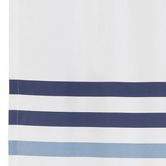 a white and blue shower curtain with horizontal stripes on the bottom, in front of a white background