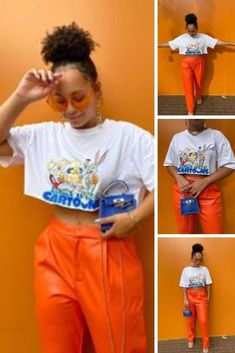 Stylish Orange Faux Leather Pants on four photos elaborating stying and looks of such outfit New Collection, Fashion Brand