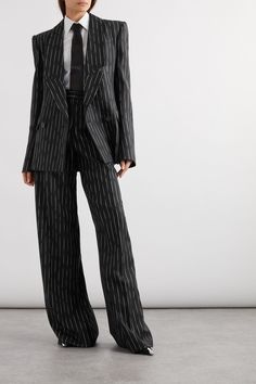 "An exploration of beauty and power through tailoring" is how Alexander McQueen describes its Fall '23 collection. Worn on the runway with the matching blazer, a crisp white shirt and tie, these pants are cut from fluid wool-twill with a high-rise waist and wide legs that pool to the floor. Zoom in to notice the broken pinstripes. Alexander Mcqueen Clothing, Tie Women, Pinstripe Pants, Pinstripe Suit, Crisp White Shirt, Cotton Poplin Shirt, Pantalon Large, Mode Inspo, Wide Pants