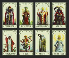 cross stitch pattern with six different characters from the video game, emperor and deathray