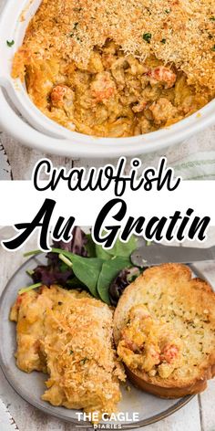 an image of crabfish au gratin in a casserole dish with bread on the side