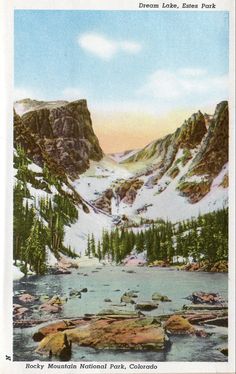 an old postcard shows a mountain lake in the middle of a snow covered valley