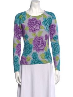 Neiman Marcus Cashmere PulloverPurpleFloral PrintLong Sleeve with Scoop NeckDesigner Fit: Sweaters by Neiman Marcus typically fit true to size. Neiman Marcus Plus Size, Purple Crew Neck Sweater With Graphic Print, Purple Long Sleeve Top With Character Print, Cashmere Sweater Women Floral, Luxury Multicolor Long Sleeve Sweater, Neiman Marcus Long Sleeve Dress, Floral Print Sweater, Print Sweater, Vintage Holiday Dress