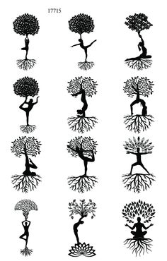 the silhouettes of people with trees in their hands are shown on a white background