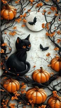 a black cat sitting on top of a tree filled with pumpkins next to a full moon