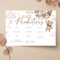 a baby dedication card with a teddy bear flying in the sky and holding onto balloons