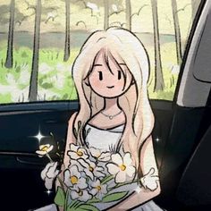 a drawing of a woman sitting in the back seat of a car, holding a bouquet of flowers