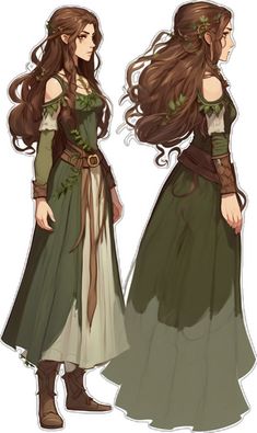 a drawing of a woman in a green dress with long brown hair and wearing boots