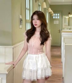 Feminim Girl, White Dress Korean, Outfit Konser, Summer Drip, Female Clothes Outfits, Modest Girly Outfits, Shirts And Skirts, Dessert Gifts, Korean Summer