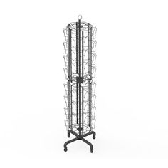 a tall metal rack with multiple shelves on wheels