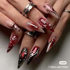 Emo Stiletto Nails, Rocker Nails Designs, Red Fire Nails, Horror Nails, Ombre Nail Art Designs, Gothic Nails, Drip Nails, Edgy Nails