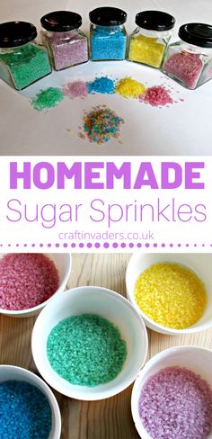 homemade sugar sprinkles in small white bowls on a wooden table with text overlay