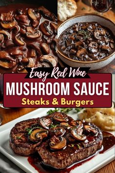 Mushroom Sauce For Burgers, Bbq Steak Recipes, Mushroom Sauce For Steak, Wine Sauce For Steak, Red Wine Mushroom Sauce, Sauce For Steak, Mushroom Sauce Steak, Mushroom Wine Sauce, Vegan Stuffed Peppers