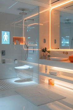 a bathroom with a toilet, sink and shower in the center is illuminated by neon lights