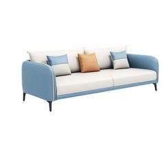 a blue and white couch with pillows on it's back end, against a white background