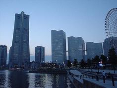 the city skyline is reflected in the water at dusk with ferris wheel and ferris wheel in foreground