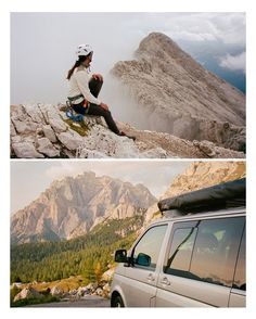 two pictures of a woman sitting on top of a mountain next to a van with the mountains in the background