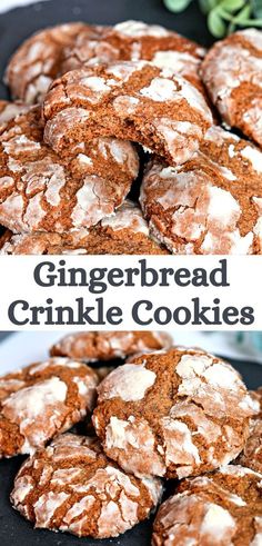 gingerbread crinkle cookies with powdered sugar on top and green sprigs in the background