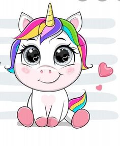 a cute unicorn with big eyes sitting down