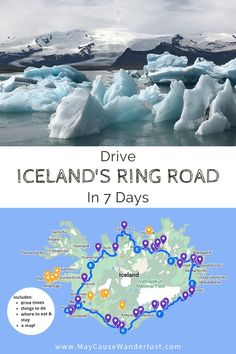 the iceland ring road map and it's location on top of an iceberg