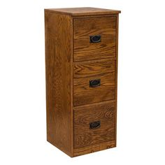 a wooden filing cabinet with three drawers