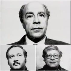 four black and white photos of men in suits, ties and glasses with different facial expressions