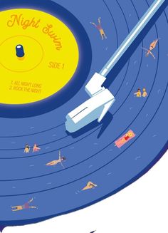 an illustration of a record with people swimming in the water and on top of it