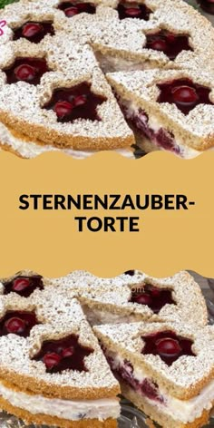 a cake that has been cut into slices and is on a plate with the words stenenzauber torte